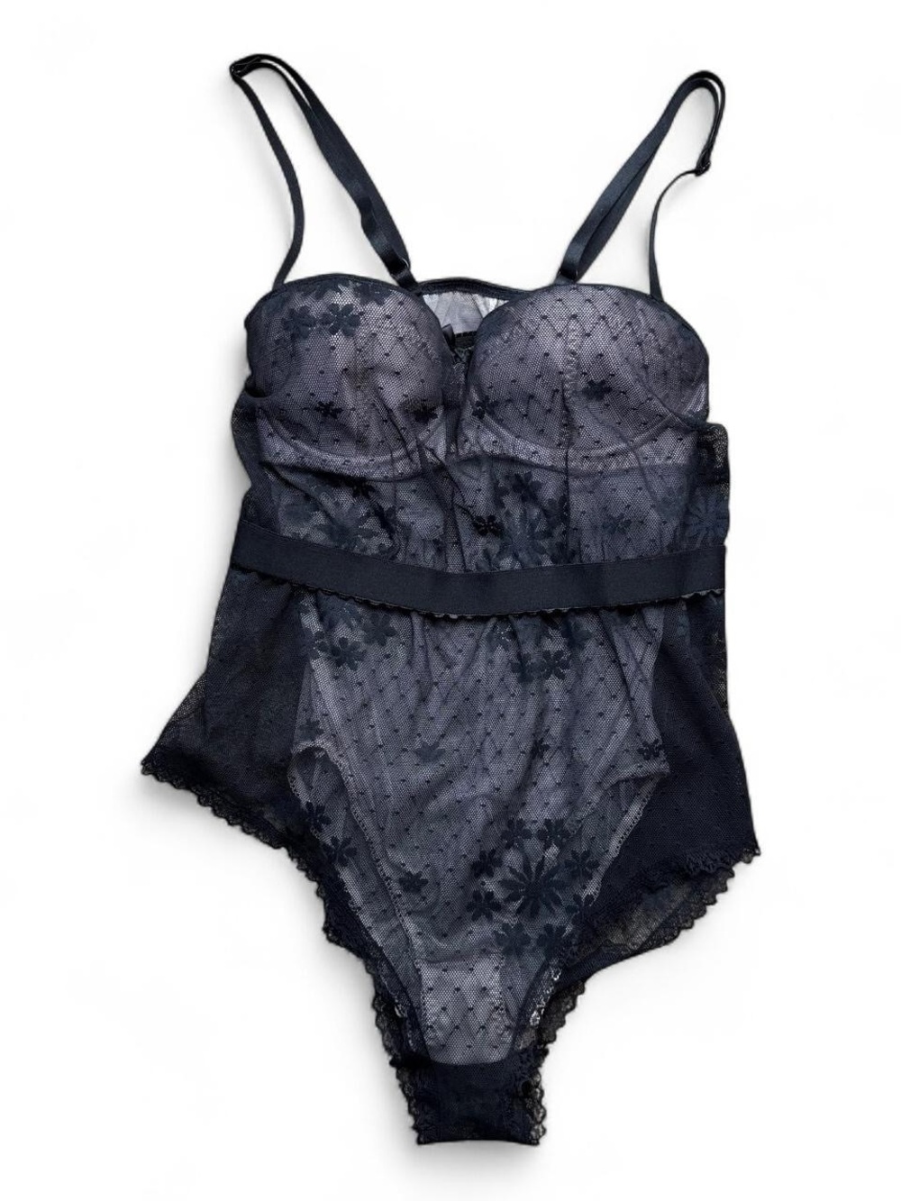 Be Wicked Black Sheer Mesh Floral Flocked Underwire Bodysuit Size S